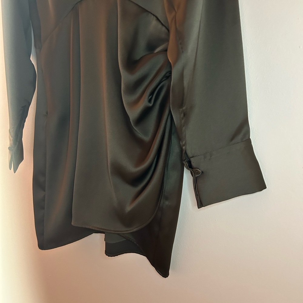 Zara Olive Satin Faux Wrap Long Sleeve Mini Dress - Picture 7 of 14